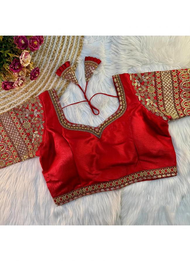 Silk Red Party Wear Thread Work Readymade Blouse